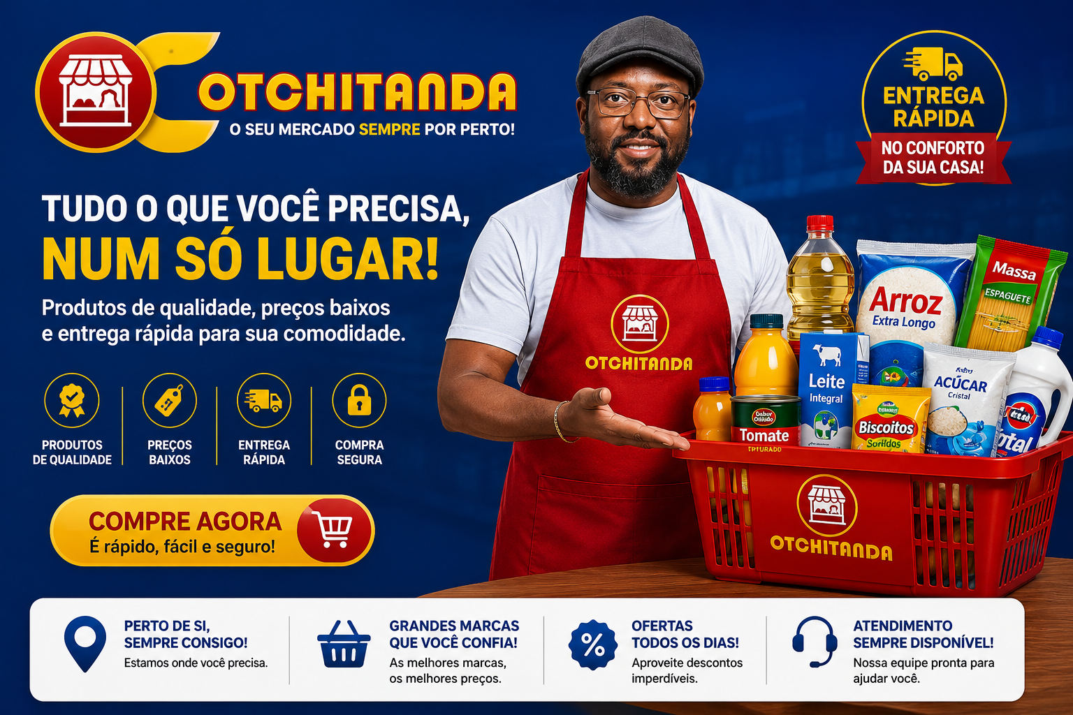 Campanha Otchitanda com vendedor e cesta de produtos