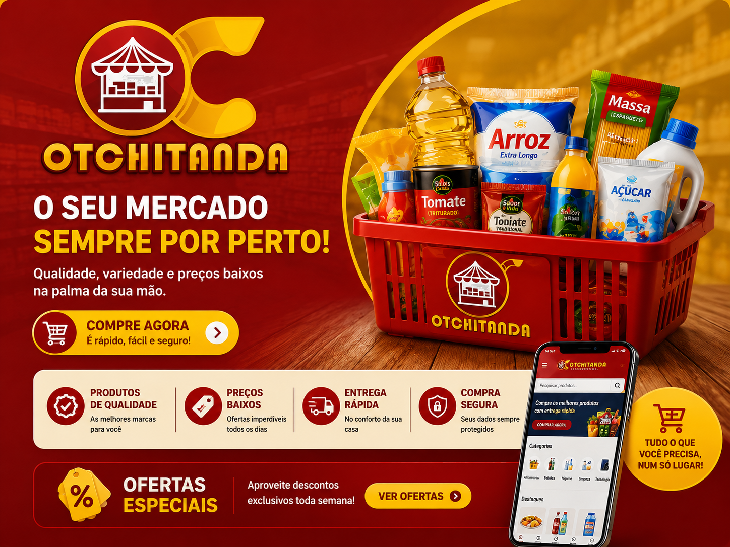 Flyer Otchitanda com cesta de compras e ofertas especiais
